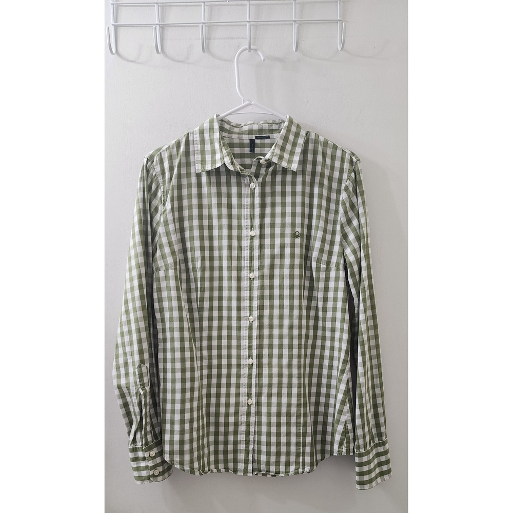 Stile Benetton Womens Large Green Gingham Check Cotton Button Down Shirt Top